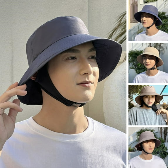 dianhelloya Solid Color Flat Dome Breathable Lining Windproof Buckle Fisherman Hat Unisex Wide Brim Sun Bucket Hat Light Yellow