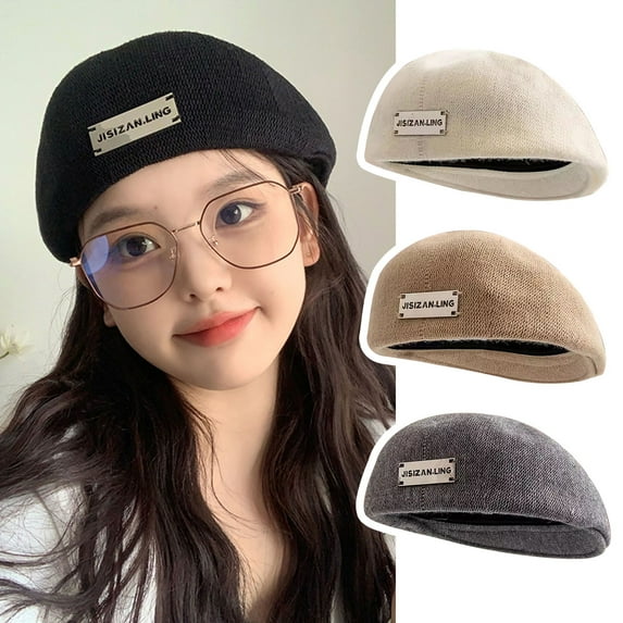 dianhelloya Stylish Knitted French Beret Hat Breathable Solic Color Spring Autumn Retro Beret Cap for Women Girls Painter Black
