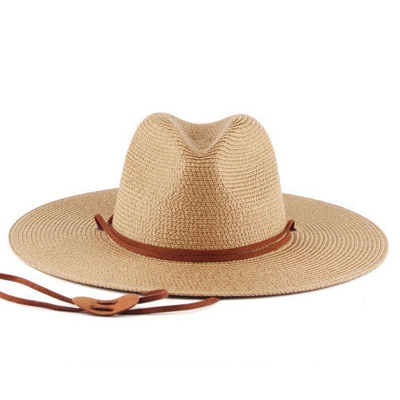 dianhelloya Sun Hat Adjustable Windproof Rope Solid Color Folding Straw Hat Unisex Big Brim Sunscreen Floppy Khaki