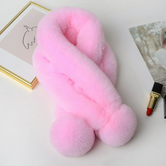 dianhelloya Thickened Wide Plush Ball Noble Thermal Scarf Female Autumn Winter Solid Faux Fur Scarf Wrap Pink