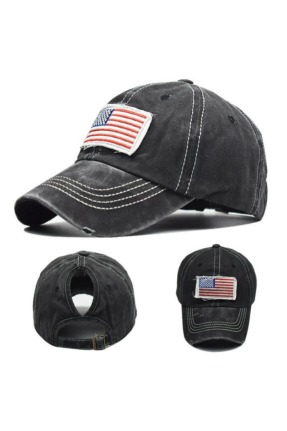 Unisex Vintage American National Flag Ripped Anti UV Ponytail Hat Baseball Cap Navy Blue