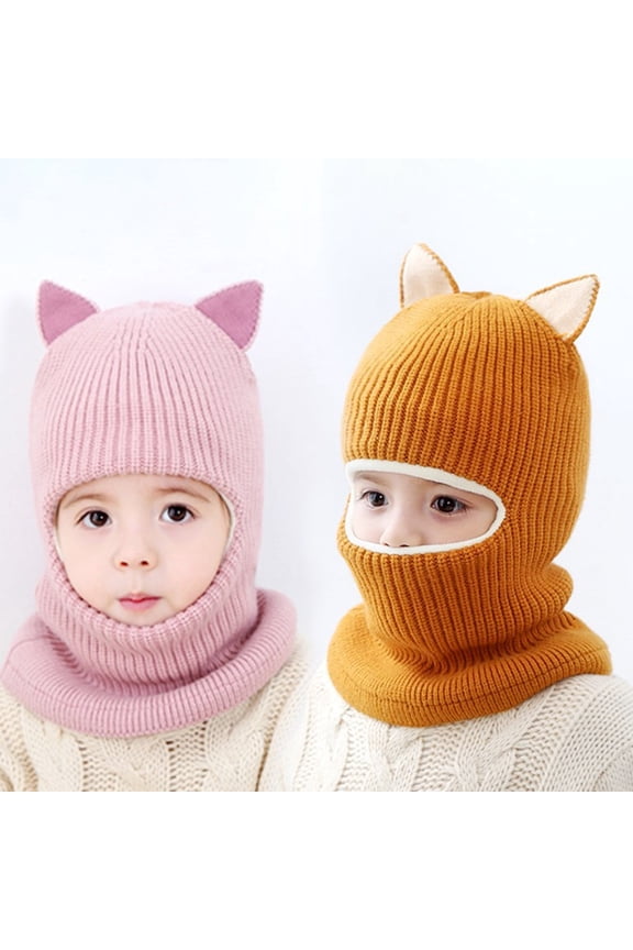 Warm hat 2-5 Years Fox Ear Decor Brimless Solid Color Eyes Exposed Baby Hat Children Autumn Winter Thickened Plush Lining Scarf Hat Costume Accessories Pink