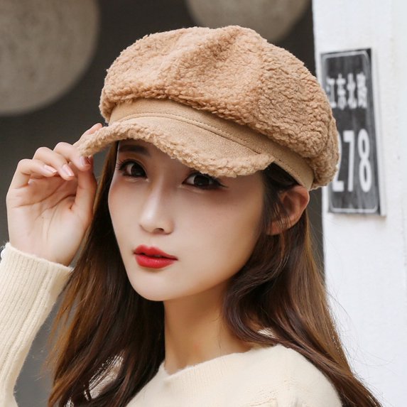 dianhelloya Warm hat Autumn Winter Women Beret Hat Solid Color Short Brim Windproof Faux Sweat-absorbing Octagonal Hat for Trip Brown