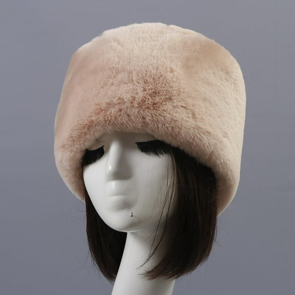 dianhelloya Warm hat Beanie Flat Top Windproof Brimless Russian Style Women Thick Fluffy Faux Fur Winter Hat for Daily Life Khaki