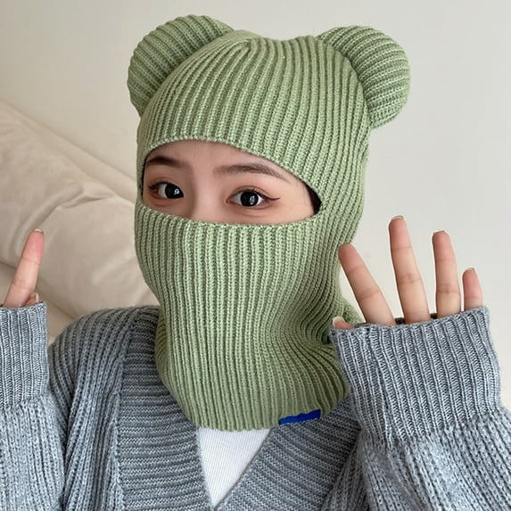dianhelloya Warm hat Bear Ears Solid Color Ear Protection Knitted Scarf Cap Unisex Winter Outdoor Riding Integrated Scarf Beanie Hat Costume Accessories Coffee