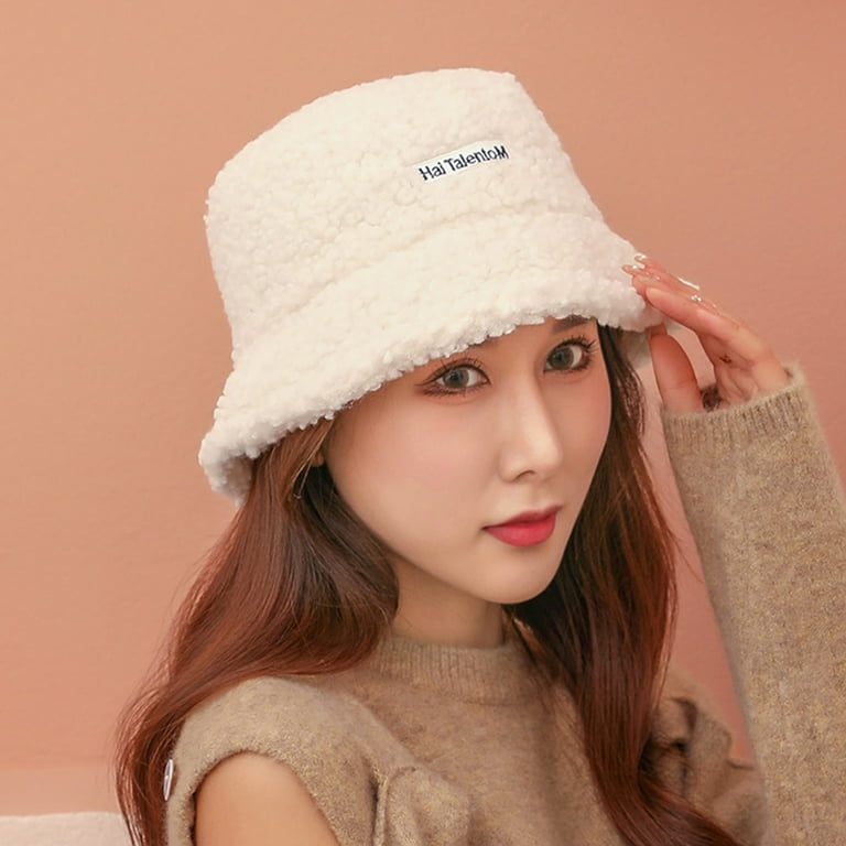 dianhelloya Warm hat Bucket Hat Fashion Letter Label Fluffy Japanese Style  Thickened Casual Keep Warm Sherpa Autumn Winter Thermal Fisherman Cap for