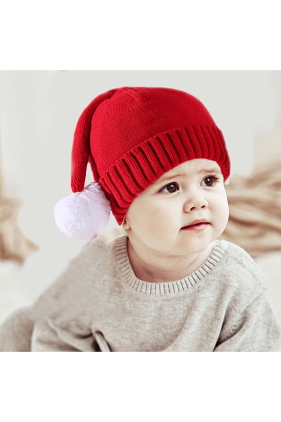 Warm hat Children Santa Hat Plush Ball Decor High Elasticity Anti-slip Warm Cold Resistant Knitted Unisex Baby Girls Baby Boys Parent-child Winter Cap Adult