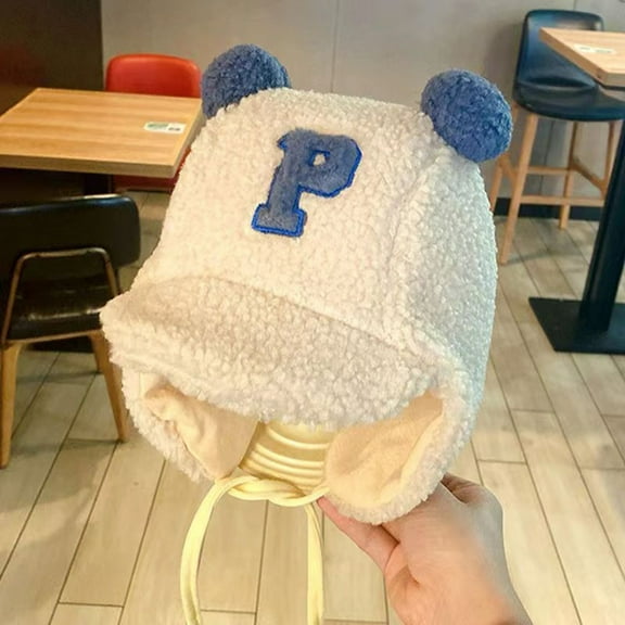 dianhelloya Warm hat Earflap Hat Pompoms Letter Embroidery Lace Up with Rope Cute Ears Soft Autumn Winter Girls Boys Trapper Ski Cap for Outdoor Blue