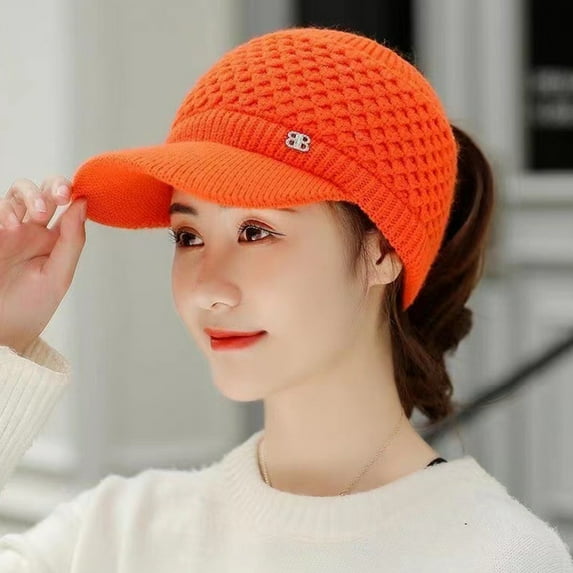 dianhelloya Warm hat Knitted Hat Empty Top Plush Lining Casual Peaked Stretchy Keep Warm Solid Color Autumn Winter Women Sports Cap for Outdoor Orange