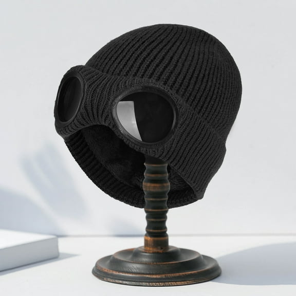 dianhelloya Warm hat Knitted Hat Glasses Decor Stretchy Soft Plush Lining Casual Ears Solid Color Autumn Winter Women Men Skull Beanie Cap Streetwear Black