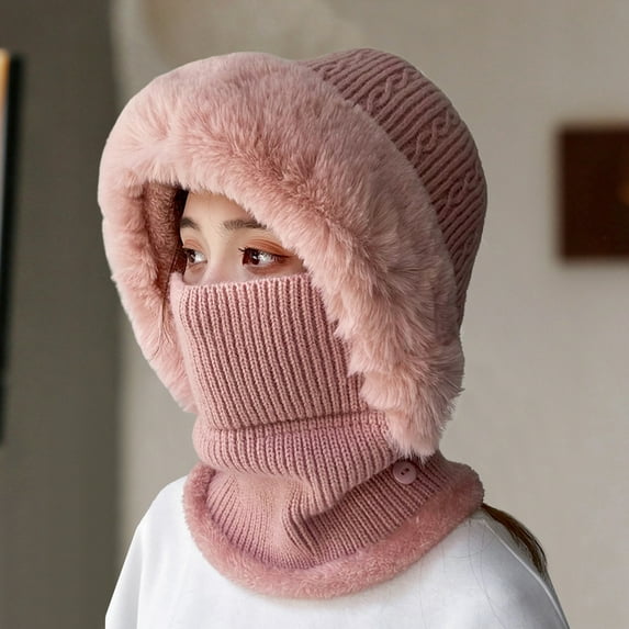 dianhelloya Warm hat Knitted Hat Multipurpose Fuzzy Plush Ears Protection Pure Color Autumn Winter Women Face Cover Neck Gaiter Warmer Beanie Cap for Outdoor Grey