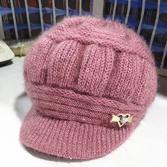 dianhelloya Warm hat Knitted Hat Peaked Love Heart Decor Thickened Plush Lining Keep Warm Solid Color Winter Thermal Middle-aged Women Cap for Gift Pink