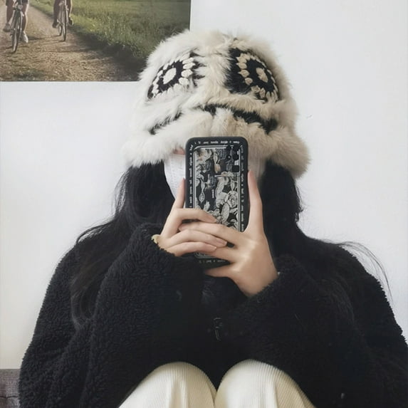 dianhelloya Warm hat LadyAutumn Winter Cute Handmade Knitting Plush Hat Tiger Head Shape Imitation Rabbit Fur Trim Cute Woolen Hat Grey