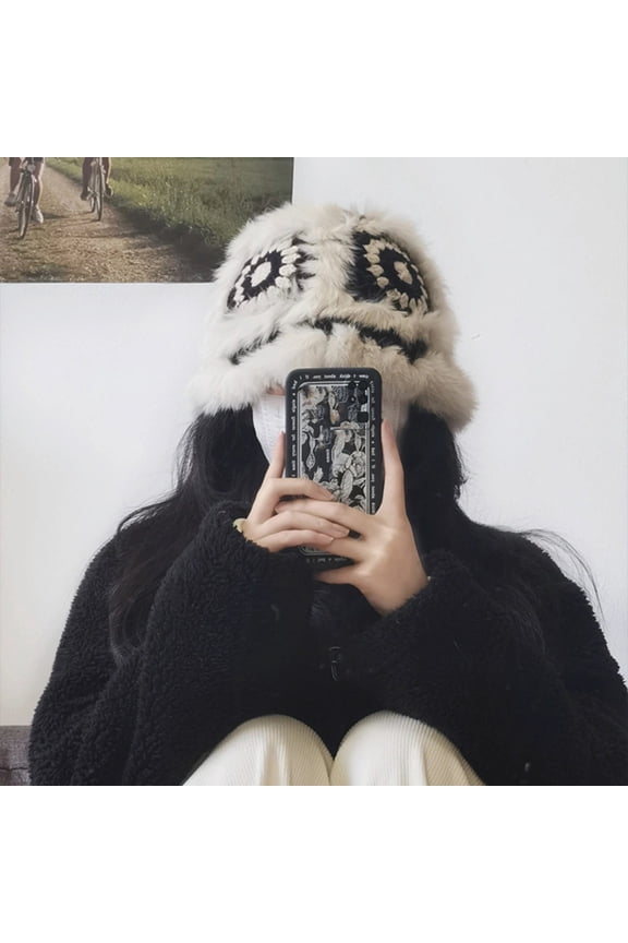 Warm hat LadyAutumn Winter Cute Handmade Knitting Plush Hat Tiger Head Shape Imitation Rabbit Fur Trim Cute Woolen Hat Khaki