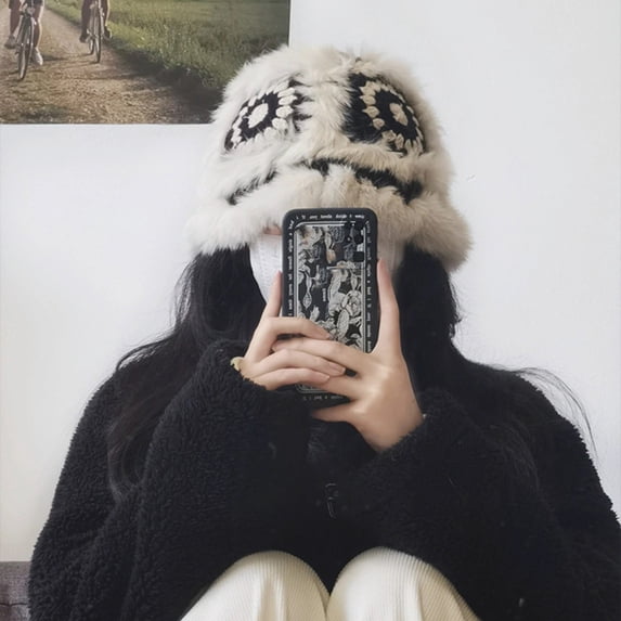 dianhelloya Warm hat LadyAutumn Winter Cute Handmade Knitting Plush Hat Tiger Head Shape Imitation Rabbit Fur Trim Cute Woolen Hat Wine Red