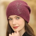 thumbnail image 1 of dianhelloya Warm hat LadyHat Sequins Rhinestone Decoration Shiny Solid Color Brimless Autumn Winter Coldproof Knitting Beanie Hat Streetwear Wine Red, 1 of 8
