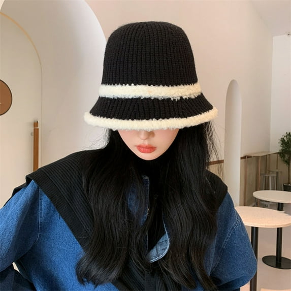 dianhelloya Warm hat LadyHat Windproof Foldable Autumn Winter Warm Bucket Hat Color Splicing Knitted Fisherman Hat for Outdoor Beige