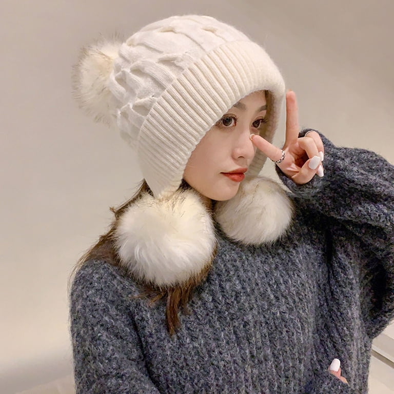 dianhelloya Warm hat LadyKnitted Hat Three Pompoms Solid  display picture 3