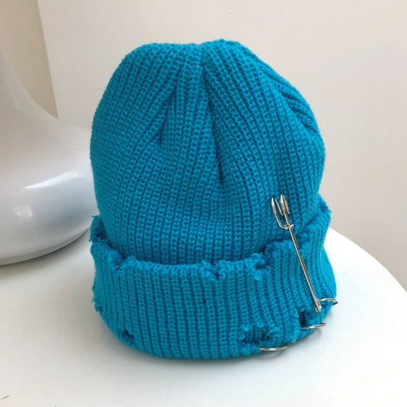 dianhelloya Warm hat LadyMen Bonnet Stretch Brimless Solid Color Knitted Unisex Keep Warm Metal Ring Decor Hip Hop Ripped Men Winter Hat for Daily Wear Yellow