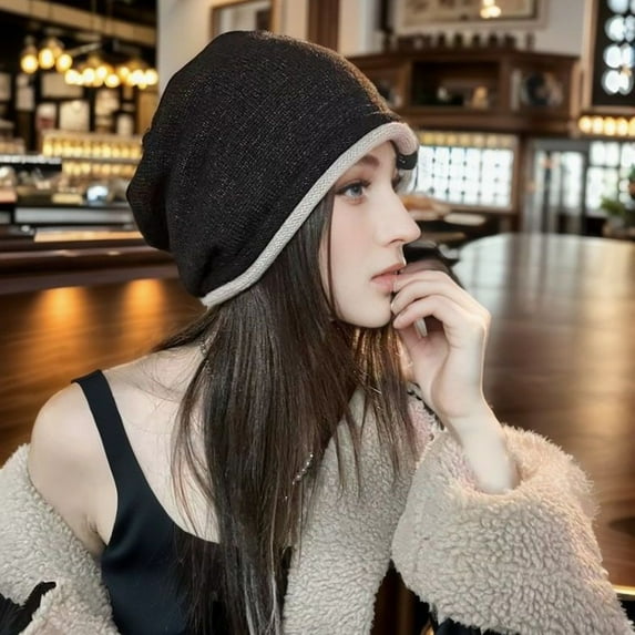 dianhelloya Warm hat LadyWinter Hat Knitted Elastic Thick Warm Soft Cold Resistant No Brim Beanie Baggy Solid Color Lady Cap Black