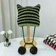 thumbnail image 1 of dianhelloya Warm hat LadyWinter Hat Knitted Striped Contrast Color Plush Ball Cat Ears Keep Warm String Soft Headwear Lady Beanie Skiing Hat Green, 1 of 8