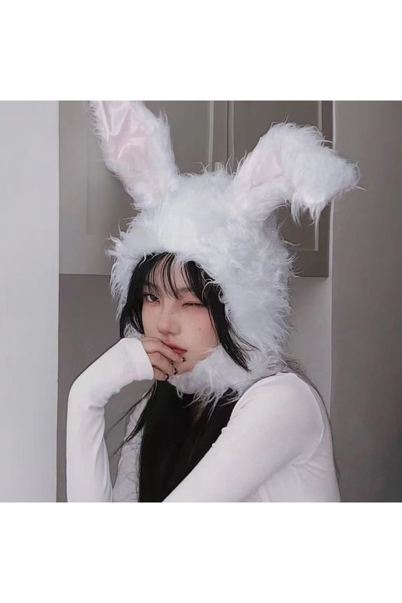 Warm hat LadyWinter Hat Long Ear Bunny Ears Solid Color Fluffy Earflap Keep Warm Thick Lightweight Soft Winter Beanie Headdress White
