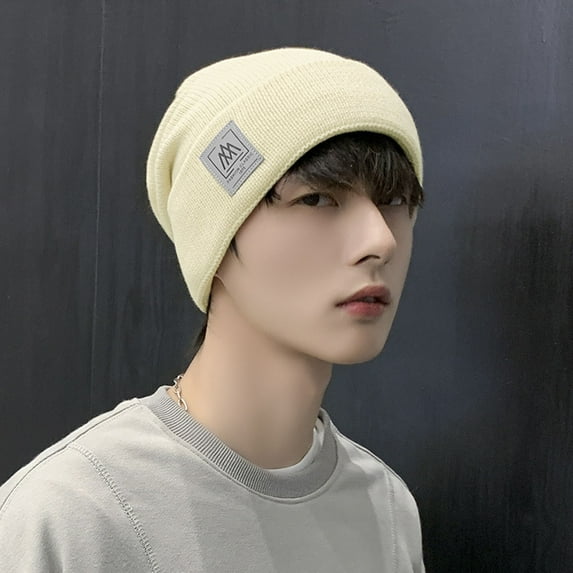 dianhelloya Warm hat Men Hat Solid Color Labeling Brimless Stretch Coldproof Beanie Hat Autumn Winter Plush Lining Ear Hat Streetwear Dark Gray