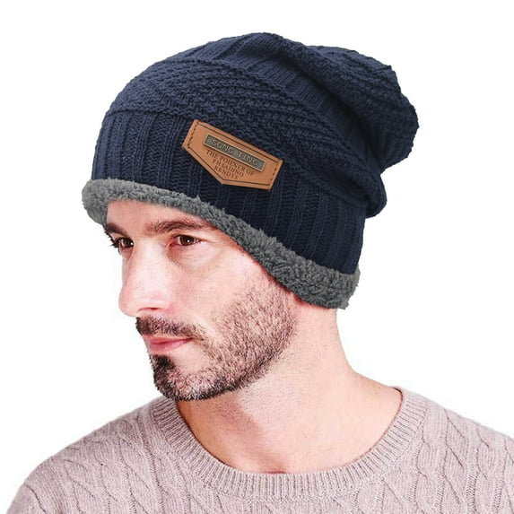 dianhelloya Warm hat Men Winter Hat Knitted Unisex Fleece Thickened Soft Keep Warm Cold-proof Plush Solid Color Men Beanie for Daily Wear Navy Blue