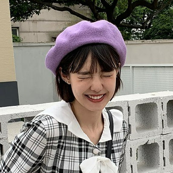 dianhelloya Warm hat Painter Hat No Brim Retro Wind-proof Flat Top Artist Style Decorate Solid Color French Artist Beret Hat for Dating Light Blue