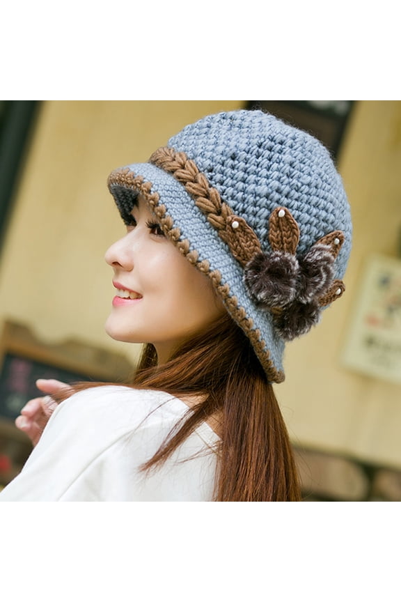 Warm hat Patchwork Color Round Dome Short Brim Bucket Hat Old People Winter Elegant Flower Decor Knitted Hat Grey