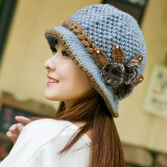 dianhelloya Warm hat Patchwork Color Round Dome Short Brim Bucket Hat Old People Winter Elegant Flower Decor Knitted Hat Red