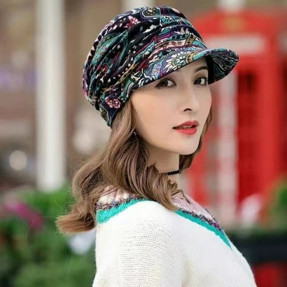 dianhelloya Warm hat Short Brim Warm Foldable Earflap Women Cap Ethnic Style Floral Print Autumn Winter Hat Daily Clothing Black