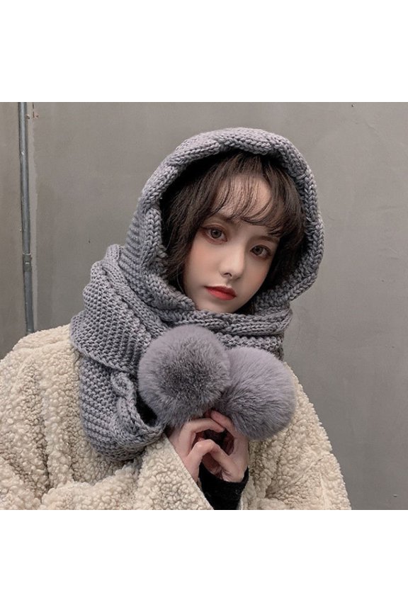 Warm hat Twist Trim Ear Solid Color Thickened Knitted Scarf Hat Women Winter Plush Balls Decor Hooded Scarf Costume Accessories Grey