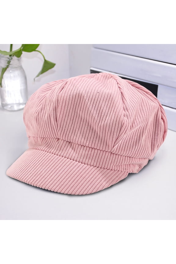 Warm hat Visor Beret Cap Solid Color Retro British Style Peaked 8 Panel Cold Resistant Corduroy Women Octagonal Newsboy Cabbie Painter Hat for Autumn Winter Dark Pink