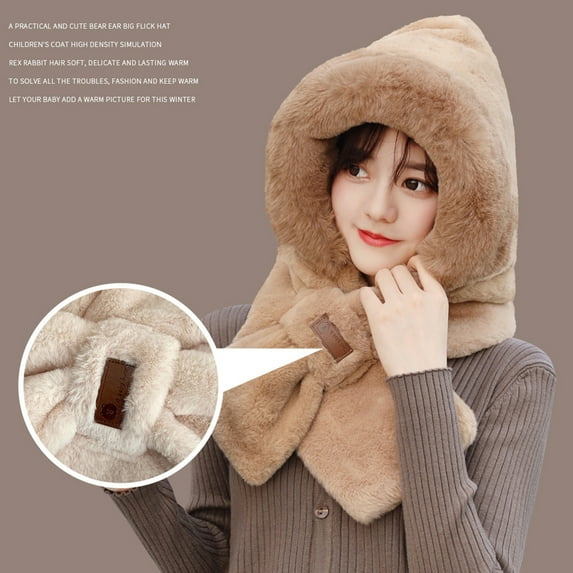dianhelloya Warm hat Winter Hat Scarf Furry Plush Solid Color Thicken Lightweight Keep Warm Cross Windproof Lady Scarf Cap for Going Out Khaki