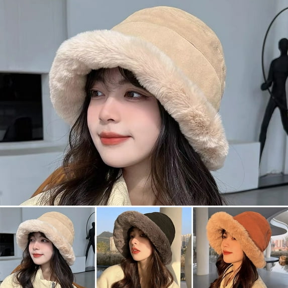 dianhelloya Winter Bucket Hat Soft Plush Foldable Stylish Thickened Outdoor Warm Windproof Fisherman Hat for Women Beige