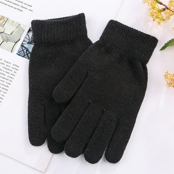 dianhelloya Winter Gloves Knitting Thicken Solid Color Full Fingers Elastic Keep Warm Anti-slip Breathable Women Winter Gloves for Outdoor 1 Pair Black