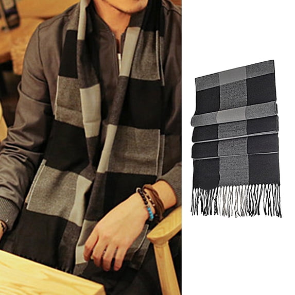 dianhelloya Winter Scarf Windproof Breathable Soft Contrast Color Tassel Keep Warm Patchwork English Stylish Washable Male Muffler for Outdoor White