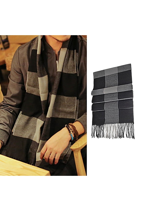 Winter Scarf Windproof Breathable Soft Contrast Color Tassel Keep Warm Patchwork English Stylish Washable Male Muffler for Outdoor White