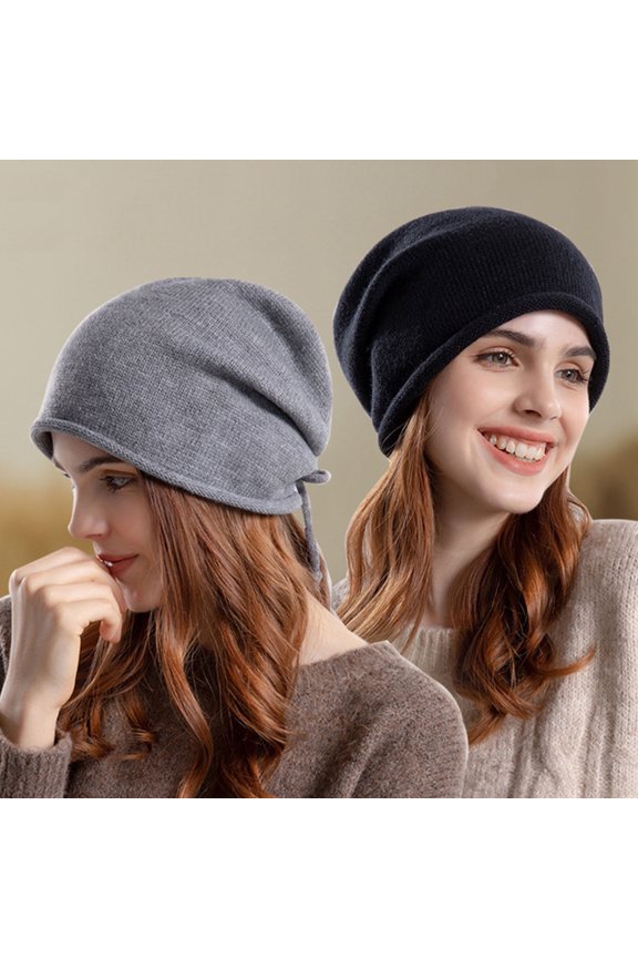Women Autumn Winter Beanie Hat with Adjustable Drawstring Super Soft Elastic Solid Color Cold-proof Winter Warm Hat Grey