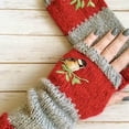 thumbnail image 1 of dianhelloya Women Autumn Winter Bird Embroidered Gloves Knit Fingerless Color Block Mitten Red, 1 of 8