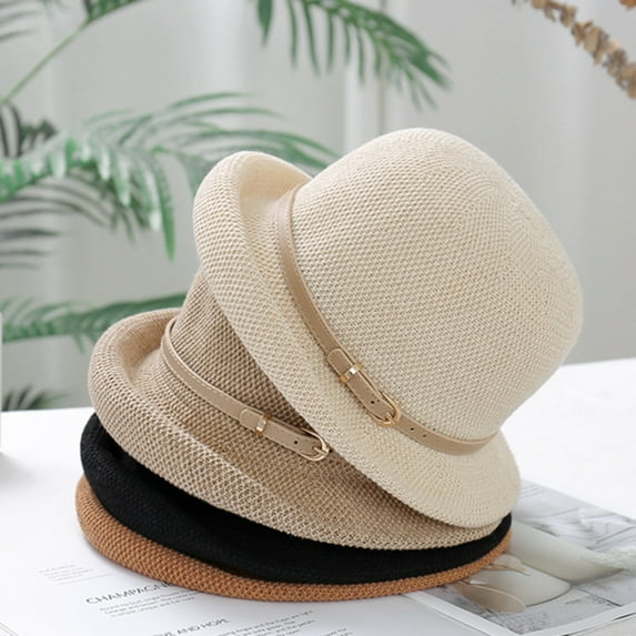 dianhelloya Women Beach Hat Solid Color Breathable Sun Protection Belt Decor Curled Edge Anti-UV Knitted Thin Sun Hat Black