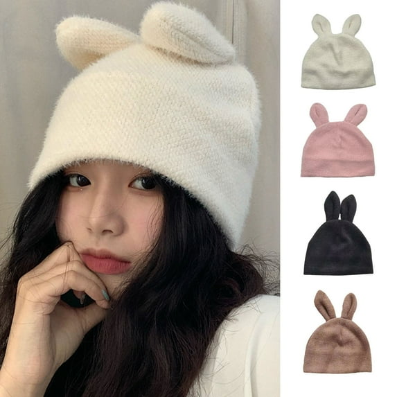 dianhelloya Women Beanie Hat with Cute Rabbit Ears Super Soft Elastic Solid Color Windproof Cold Prevention Winter Warm Plush Hat Pink