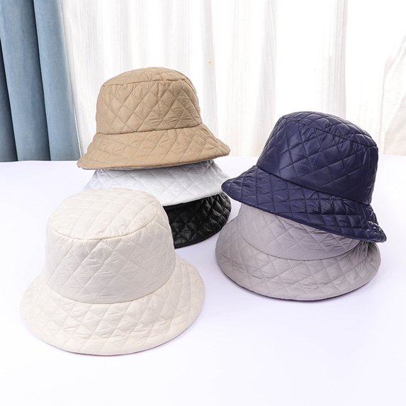 dianhelloya Women Fall Winter Fisherman Hat Flat Top Wide Brim Thick Soft Square Pattern Solid Color Sunshade Windproof Warm Decorative Lady Deep Bucket Cap Winter Headwear Grey