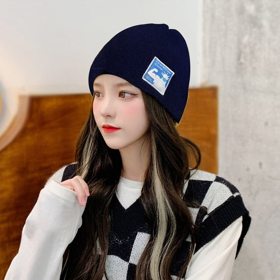 dianhelloya Women Fall Winter Hat Knitted Solid Color High Elastic Tag Decor Dome Anti-slip Regular Fit Soft Warm No Brim Windproof Warm Unisex Winter Cap Adult Beanie Navy Blue