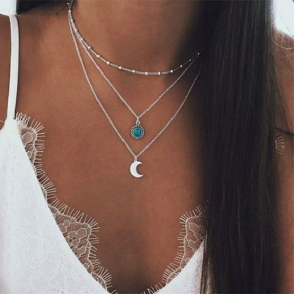 dianhelloya Women Multilayer Crescent Moon Faux Turquoise Chain Pendant Necklace Jewelry Silver