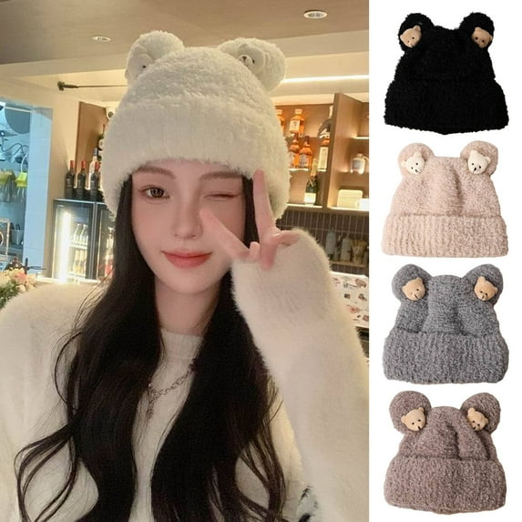 dianhelloya Women Thick Hat Cartoon Ear Decor Soft Plush Windproof Warm Solid Color Knitted Elastic Anti-slip Lady Beanie Winter Headwear White