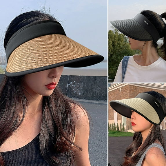 dianhelloya Women Wide Brim Empty Top Adjustable Buckle Sun Hat Summer Patchwork Color Sunshade Hat Khaki