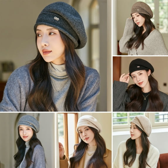 dianhelloya Women Winter Beret Hat Elastic Knit Solid Color Soft Warm Thick Windproof Decorative French Artist Painter Hat Vintage Elegant Cap Lady Headwear Light Grey