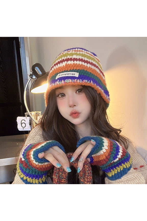 Women Winter Hat Colorful Striped Print Knitted Elastic Thickened Heat Retention Rainbow Color Anti-slip Washable Beanie Lady Cap Multicolor